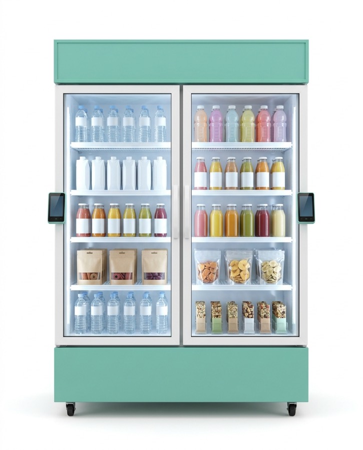 Double-door Health Up smart cooler stocked with healthy drinks and snacks