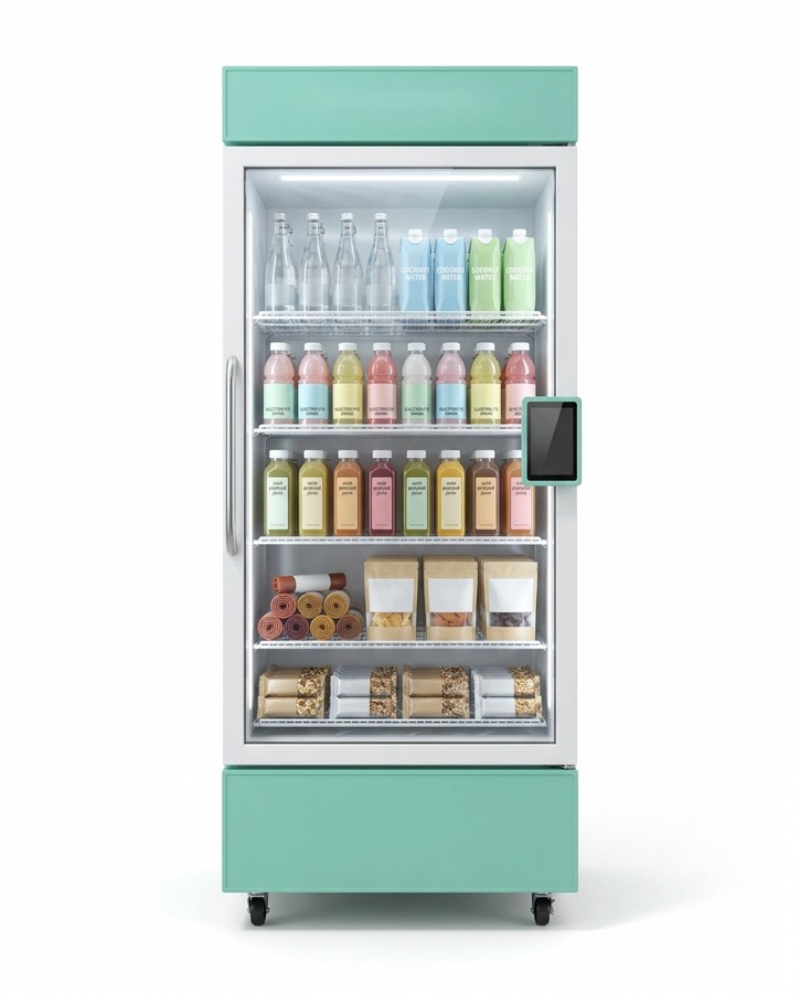 Single-door Health Up smart cooler stocked with healthy drinks and snacks